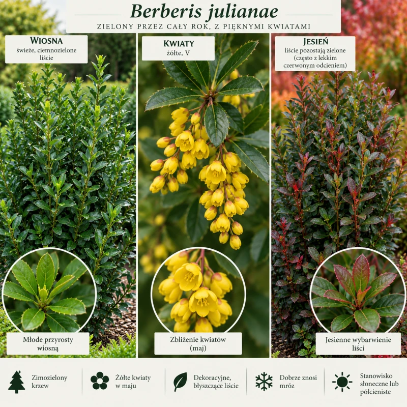 Berberis julianae infografika berberys Juliany zimozielony krzew opis i uprawa