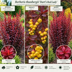 Berberis thunbergii Dart's Red Lady infografika wymagania uprawowe i kwitnienie