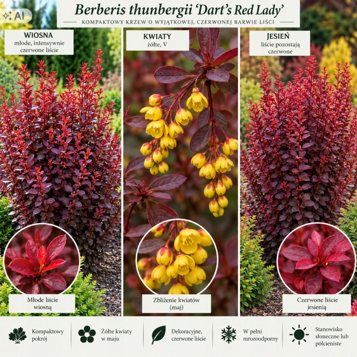 Berberis thunbergii Dart's Red Lady infografika wymagania uprawowe i kwitnienie