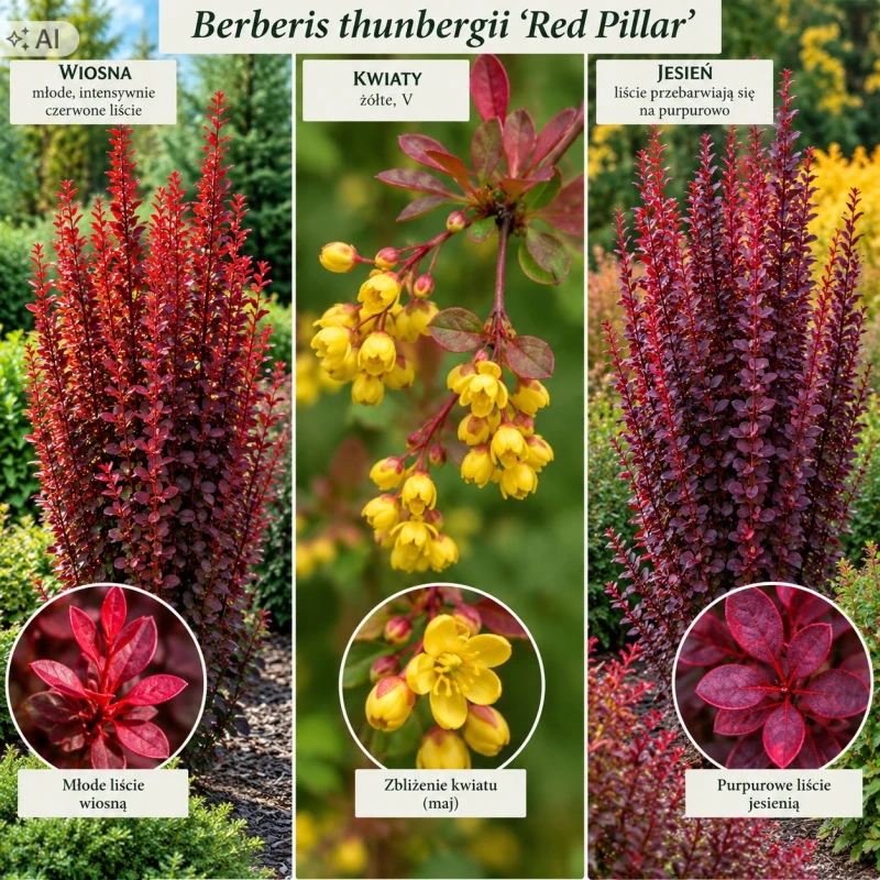 Berberys Thunberga Red Pillar infografika charakterystyka odmiany kolumnowy pokrój sadzonka
