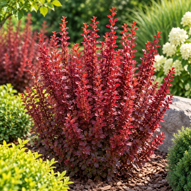 Berberys Thunberga Red Pillar kolumnowy czerwony krzew ozdobny na rabacie z korą sadzonka