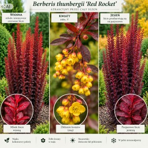 Berberis thunbergii Red Rocket infografika wymagania stanowisko kolumnowy pokrój