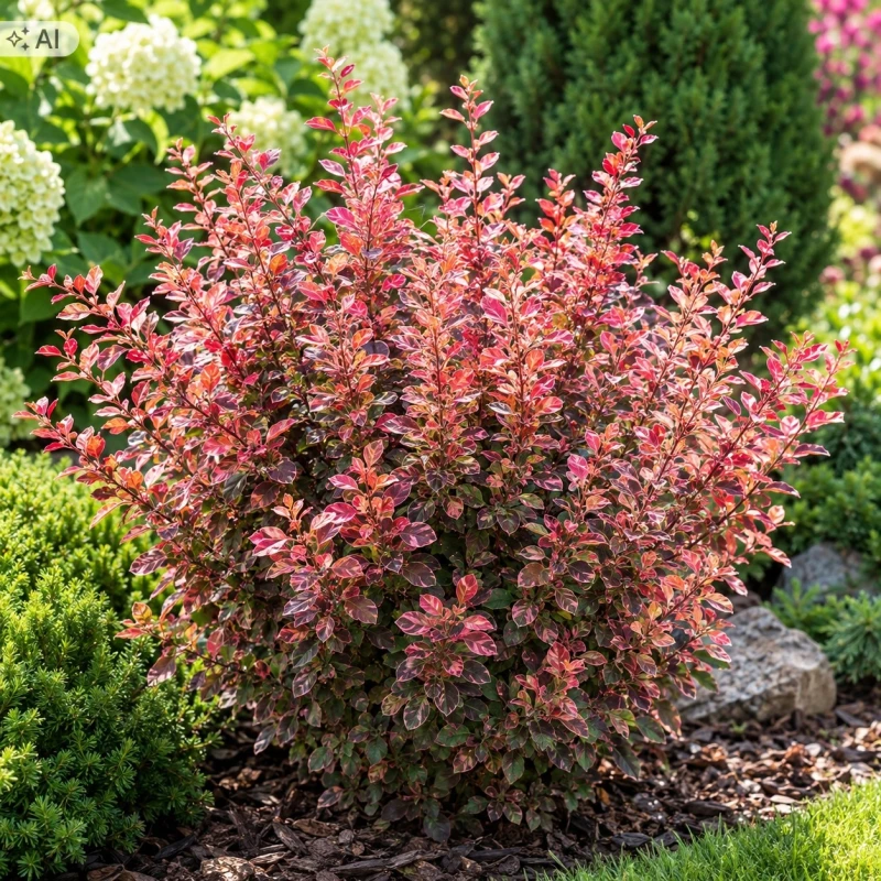 Berberys różowy Rose Glow ozdobny krzew liściasty na rabacie z korą