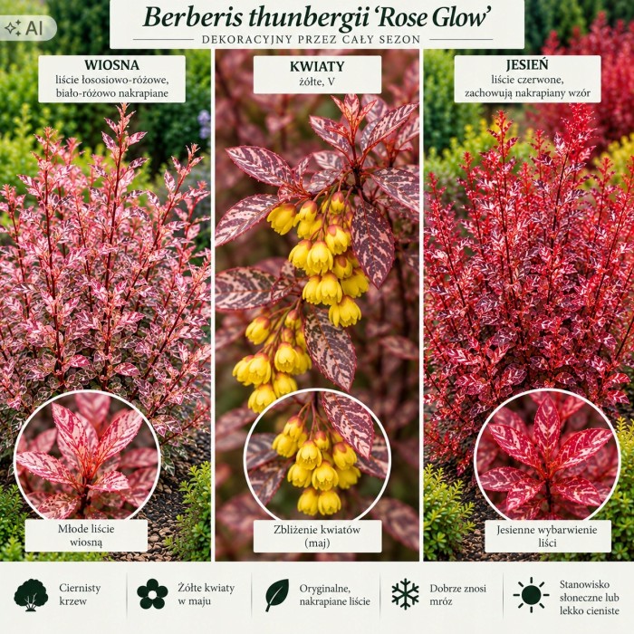 Berberys Thunberga Rose Glow infografika wymagania uprawowe i kwitnienie