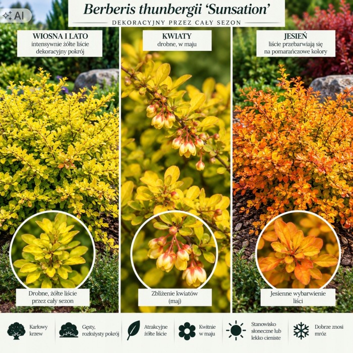 Berberis thunbergii Sunsation opis odmiany wymagania stanowisko i kwitnienie infografik