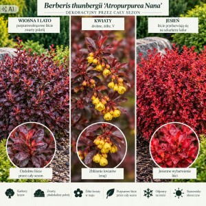 Berberys Thunberga Atropurpurea Nana infografika wymagania uprawa i pokrój krzewu