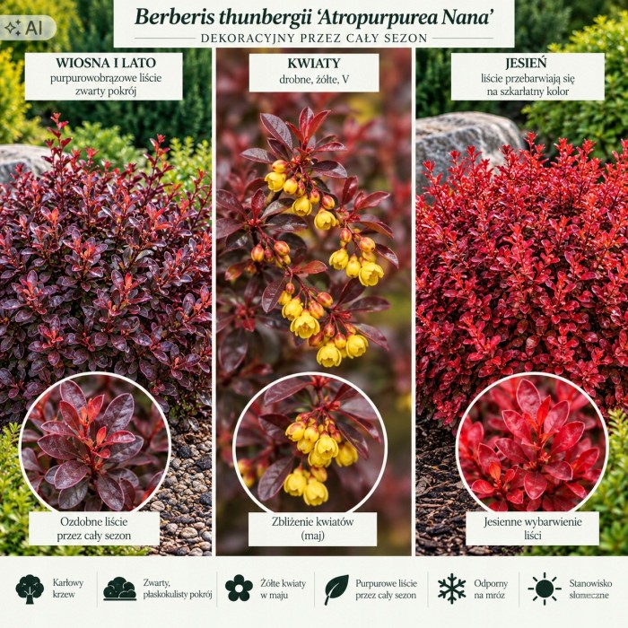Berberys Thunberga Atropurpurea Nana infografika wymagania uprawa i pokrój krzewu