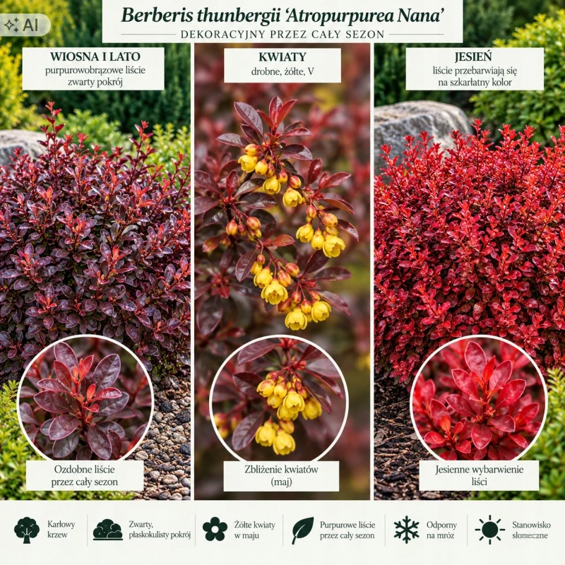 Berberys Thunberga Atropurpurea Nana infografika wymagania uprawa i pokrój krzewu