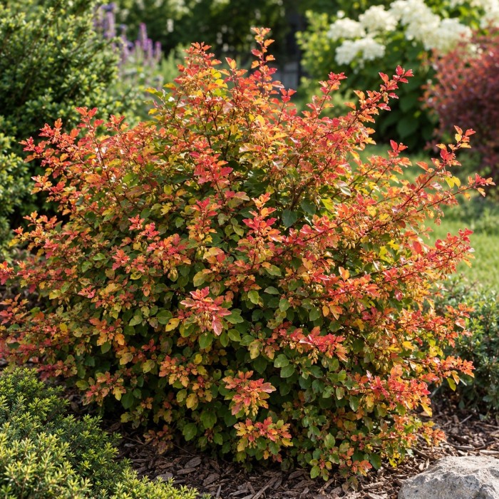 Berberys ottawski Indian Summer pokrój dorosłego krzewu na rabacie ogrodowej jesienią