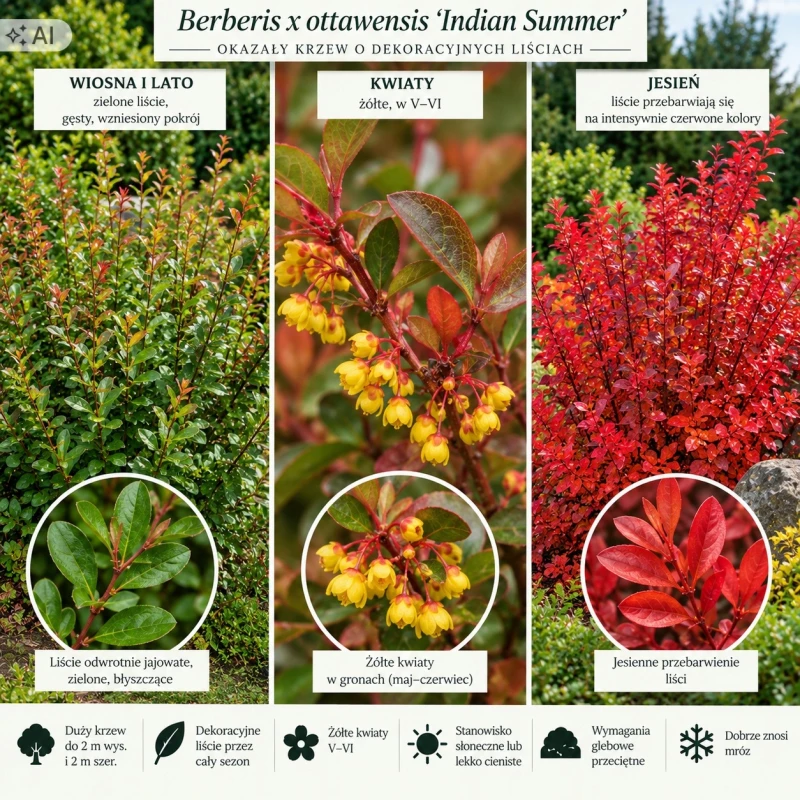 Berberis ottawensis Indian Summer charakterystyka odmiany, wymagania uprawowe, kwitnienie i jesienne przebarwienie