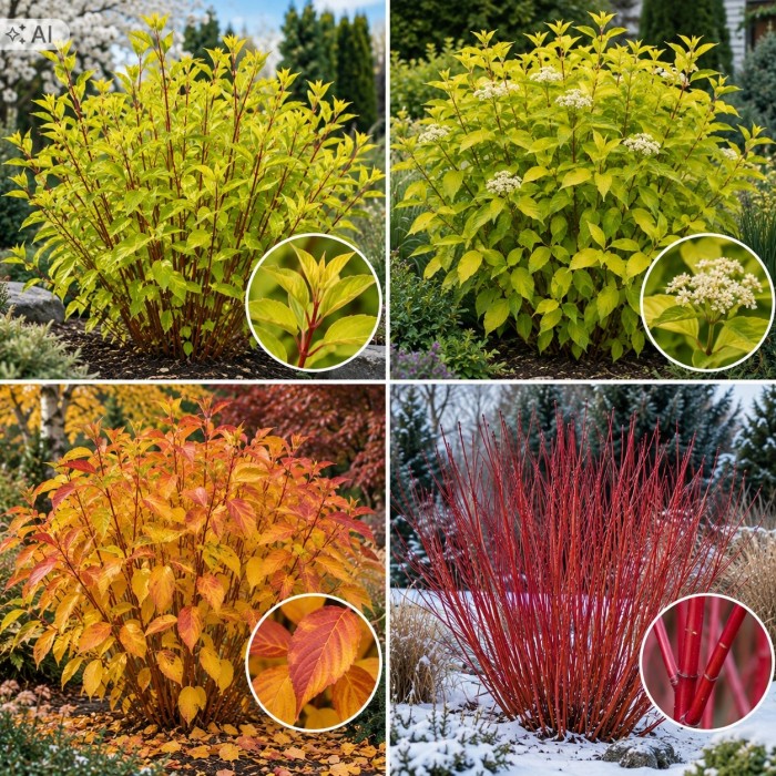 Cornus alba cztery pory roku kwitnienie jesienne liście i czerwone pędy zimą