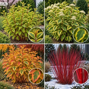 Cornus alba Spaethii cztery pory roku kwitnienie jesienne barwy i czerwone pędy zimą