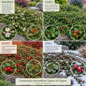Cotoneaster procumbens Queen of Carpets cztery pory roku irga płożąca roślina okrywowa na skarpy
