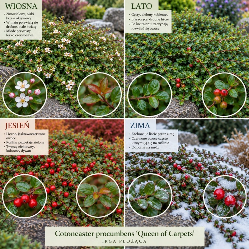 Cotoneaster procumbens Queen of Carpets cztery pory roku irga płożąca roślina okrywowa na skarpy
