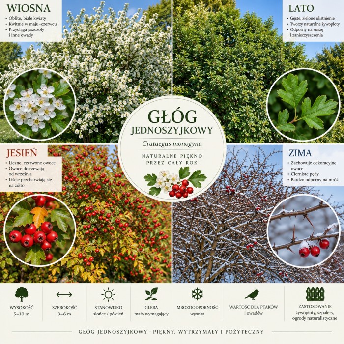 Głóg jednoszyjkowy Crataegus monogyna infografika wymagania uprawa na żywopłoty