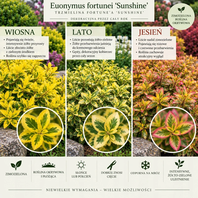 Euonymus fortunei Sunshine infografika opis odmiany wymagania uprawa zimozielona roślina okrywowa