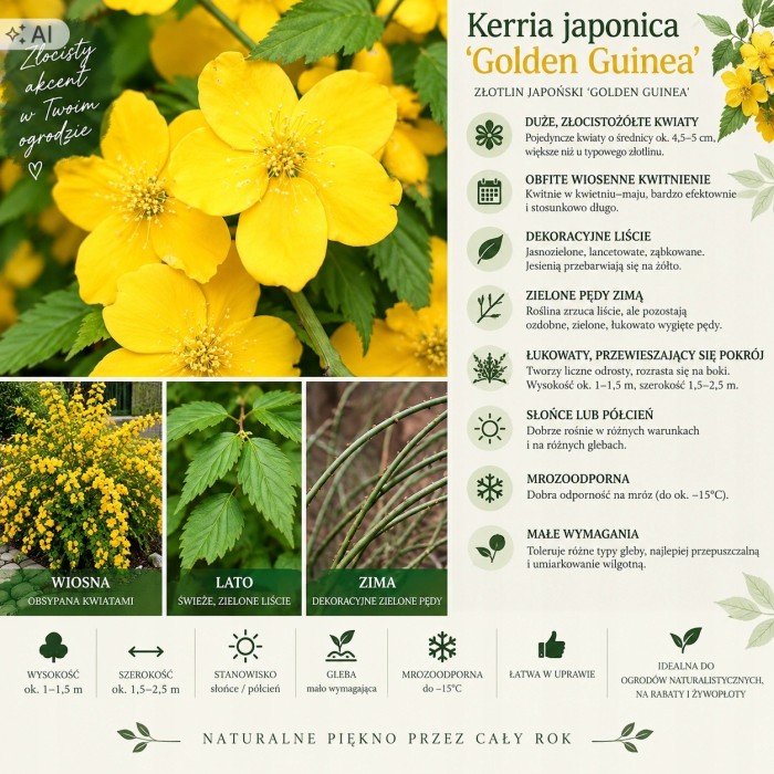Kerria japonica Golden Guinea infografika złotlin japoński uprawa wymagania i kwitnienie