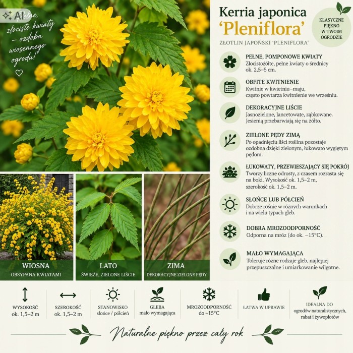 Kerria japonica Pleniflora infografika opis odmiany wymagania uprawa pomponowe kwiaty złotlinu