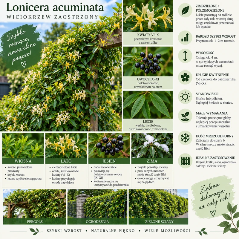 Wiciokrzew zaostrzony Lonicera acuminata infografika opis uprawa wymagania zimozielone pnącze na ogrodzenia i pergole