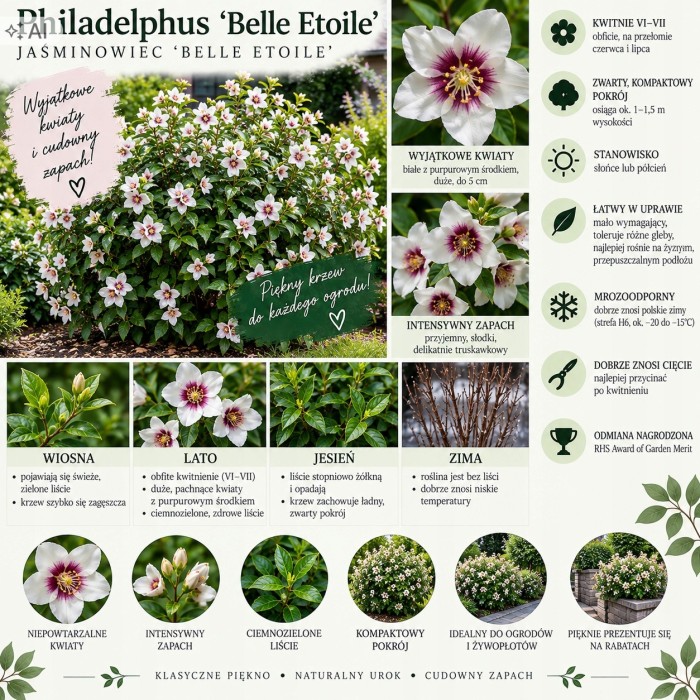 Philadelphus Belle Etoile infografika opis odmiany wymagania uprawa pachnący jaśminowiec z różowym środkiem