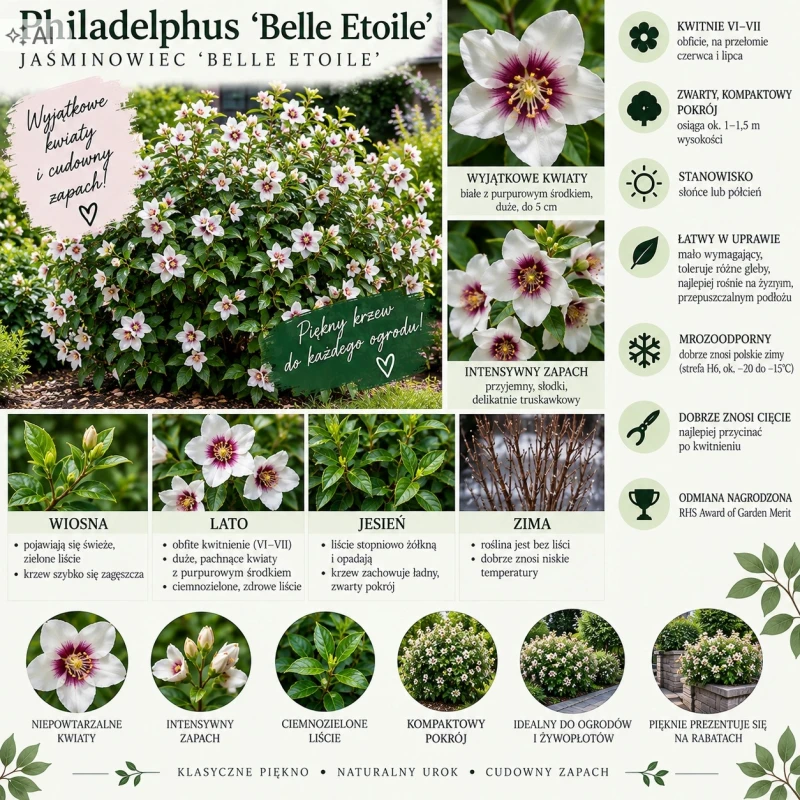 Philadelphus Belle Etoile infografika opis odmiany wymagania uprawa pachnący jaśminowiec z różowym środkiem