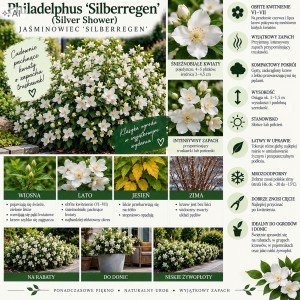 Philadelphus Silberregen infografika jaśminowiec niski o zapachu truskawek uprawa i cięcie
