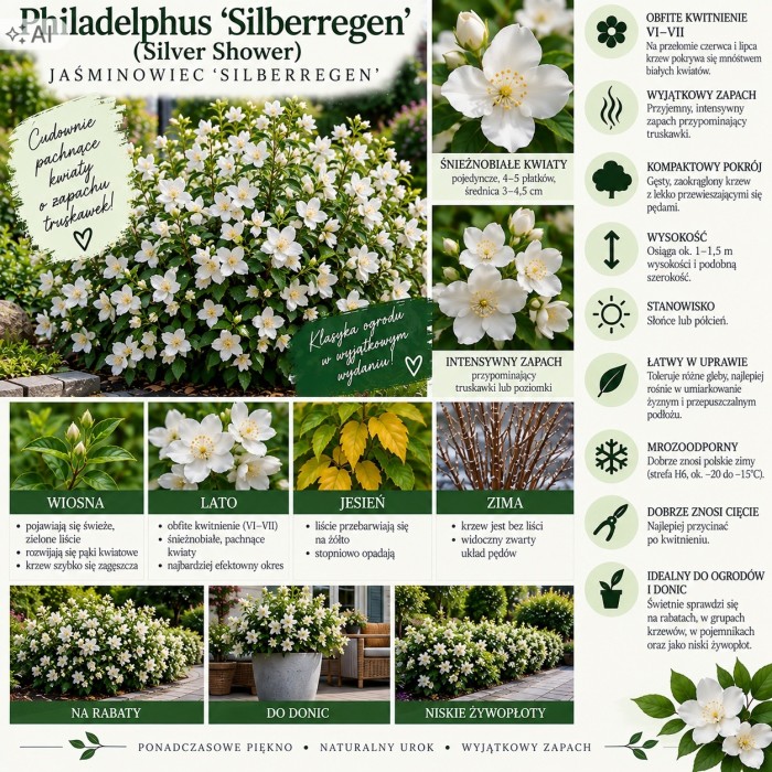 Philadelphus Silberregen infografika jaśminowiec niski o zapachu truskawek uprawa i cięcie