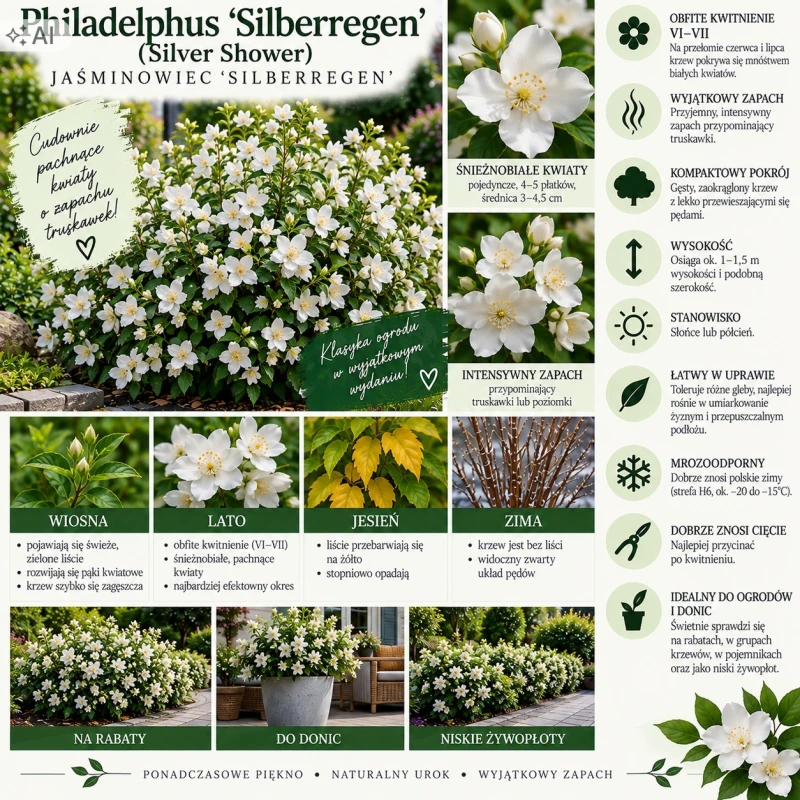 Philadelphus Silberregen infografika jaśminowiec niski o zapachu truskawek uprawa i cięcie