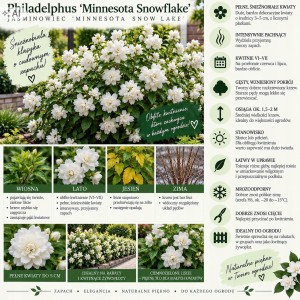 Philadelphus Minnesota Snowflake infografika jaśminowiec pełny uprawa wymagania i kwitnące żywopłoty