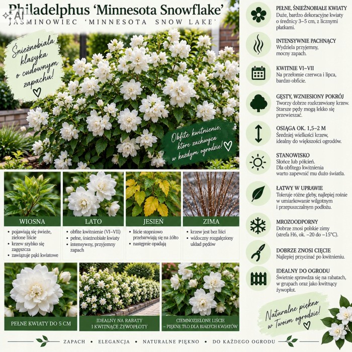 Philadelphus Minnesota Snowflake infografika jaśminowiec pełny uprawa wymagania i kwitnące żywopłoty
