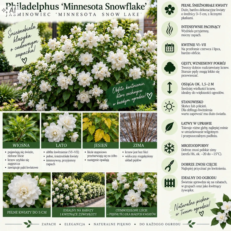 Philadelphus Minnesota Snowflake infografika jaśminowiec pełny uprawa wymagania i kwitnące żywopłoty