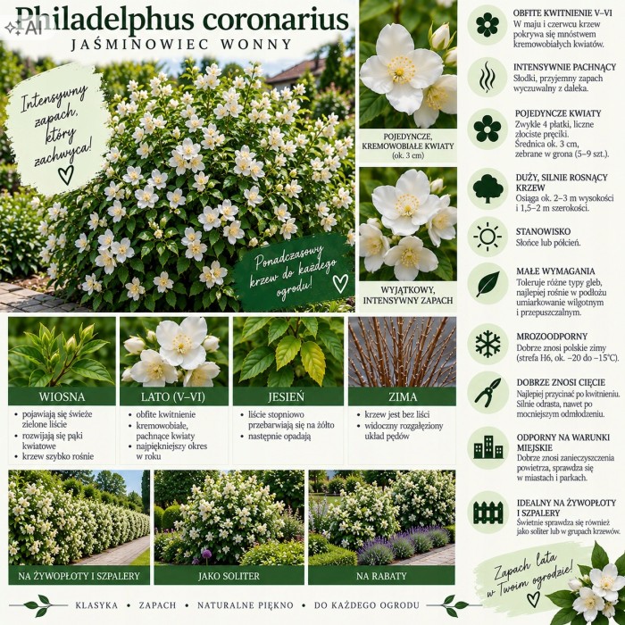 Philadelphus coronarius infografika jaśminowiec wonny uprawa cięcie silnie pachnący krzew na żywopłoty