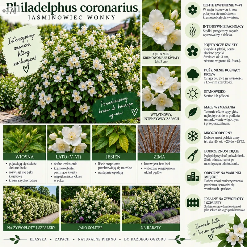 Philadelphus coronarius infografika jaśminowiec wonny uprawa cięcie silnie pachnący krzew na żywopłoty