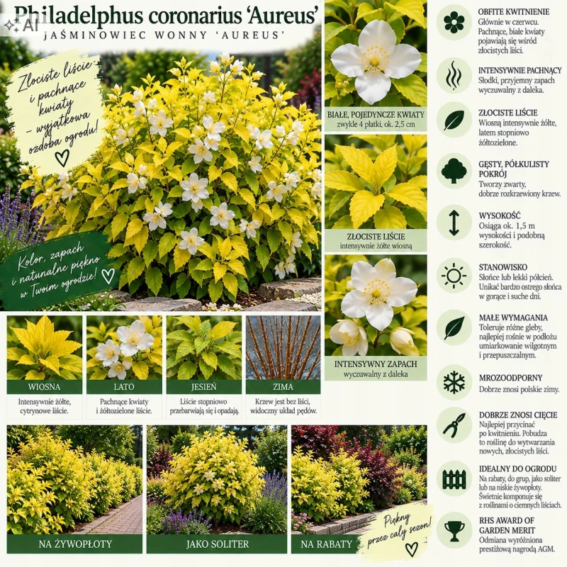 Philadelphus coronarius Aureus infografika jaśminowiec o żółtych liściach uprawa wymagania i cięcie