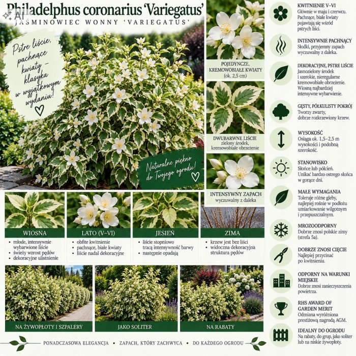 Philadelphus coronarius Variegatus infografika jaśminowiec o pstrych liściach uprawa cięcie
