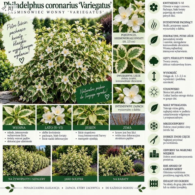Philadelphus coronarius Variegatus infografika jaśminowiec o pstrych liściach uprawa cięcie