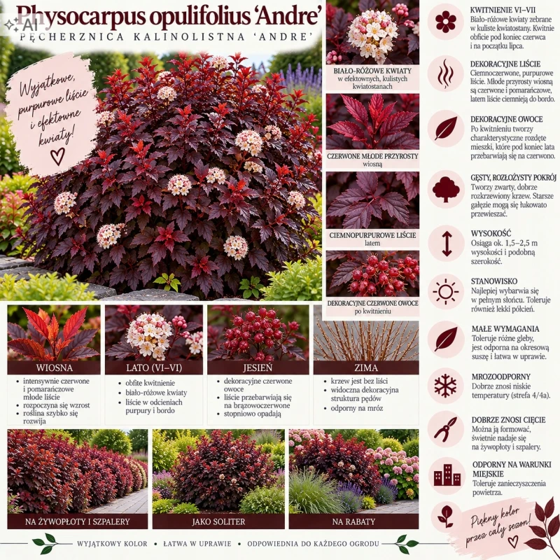 Physocarpus opulifolius Andre infografika pęcherznica kalinolistna uprawa wymagania czerwone owoce i liście