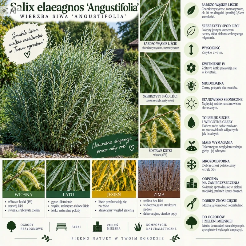 Wierzba siwa Angustifolia infografika Salix elaeagnos opis odmiany uprawa wierzba rozmarynolistna srebrzyste liście