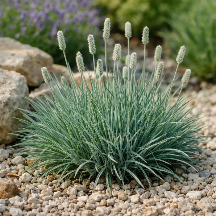 Sesleria glauca na żwirze niebieska trawa ozdobna puszyste białe kłosy do ogrodów żwirowych i nowoczesnych