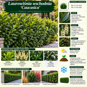Laurowiśnia wschodnia Caucasica infografika uprawa cięcie wymagania krzew na żywopłoty zimozielone Prunus laurocerasus
