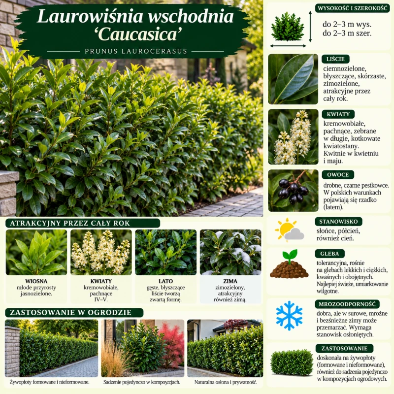 Laurowiśnia wschodnia Caucasica infografika uprawa cięcie wymagania krzew na żywopłoty zimozielone Prunus laurocerasus