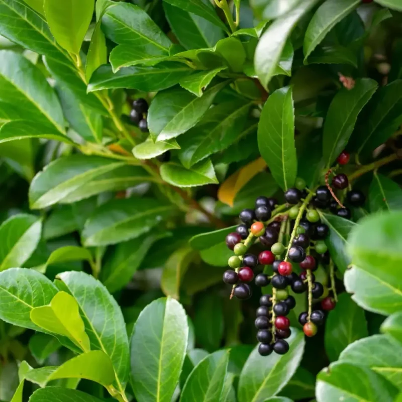 Laurowiśnia wschodnia Etna owoce Prunus laurocerasus drobne czarne owoce zimozielony krzew żywopłotowy