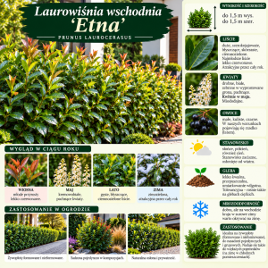 Laurowiśnia wschodnia Etna infografika Prunus laurocerasus uprawa wymagania krzew na żywopłoty zimozielone mrozoodporny