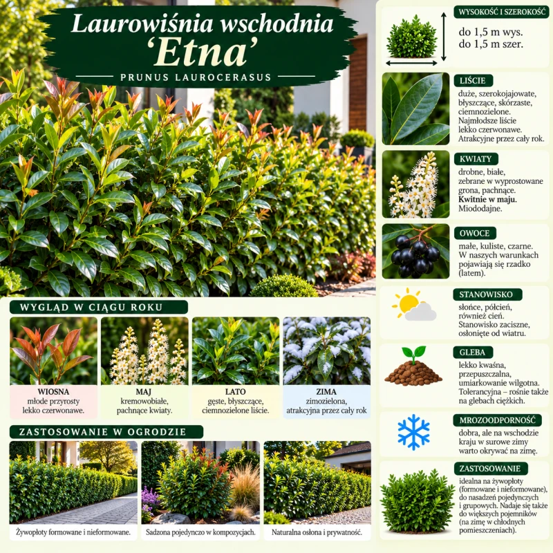 Laurowiśnia wschodnia Etna infografika Prunus laurocerasus uprawa wymagania krzew na żywopłoty zimozielone mrozoodporny
