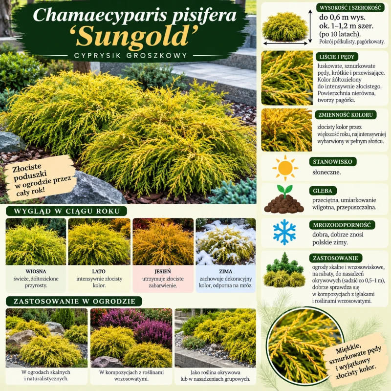 Cyprysik groszkowy Sungold infografika Chamaecyparis pisifera uprawa wymagania złocisty karłowy iglak okrywowy całoroczny