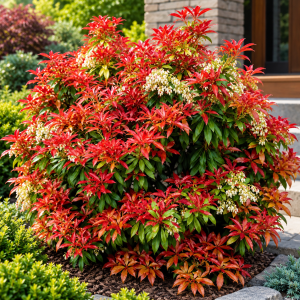 Pieris japonica Mountain Fire soliter kulisty pokrój krzew ozdobny o czerwonych liściach do cienia i półcienia