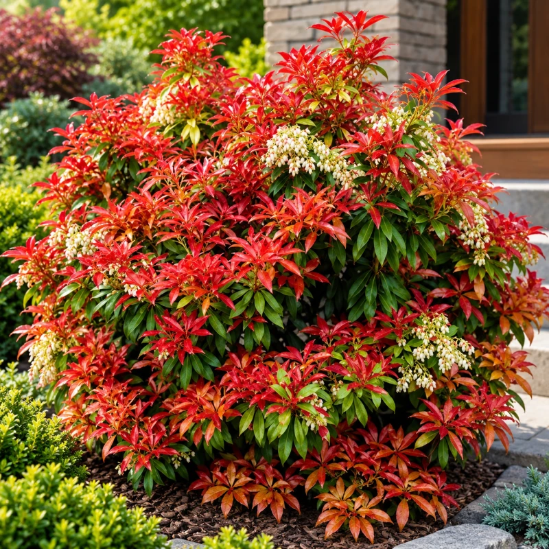 Pieris japonica Mountain Fire soliter kulisty pokrój krzew ozdobny o czerwonych liściach do cienia i półcienia