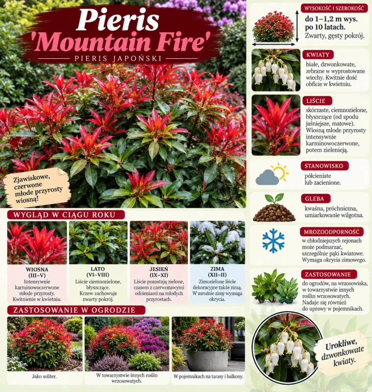 Pieris japoński Mountain Fire infografika wymagania gleba uprawa cięcie krzew o czerwonych przyrostach na wrzosowiska