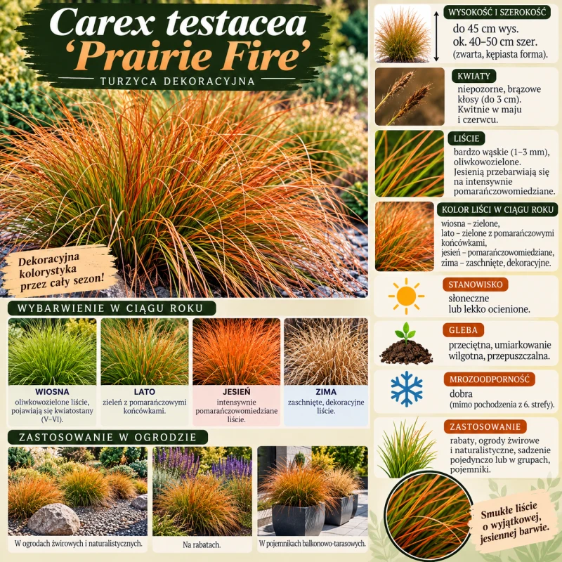 Turzyca Prairie Fire infografika Carex testacea uprawa wymagania pomarańczowomiedziana trawa ozdobna na rabaty i do donic