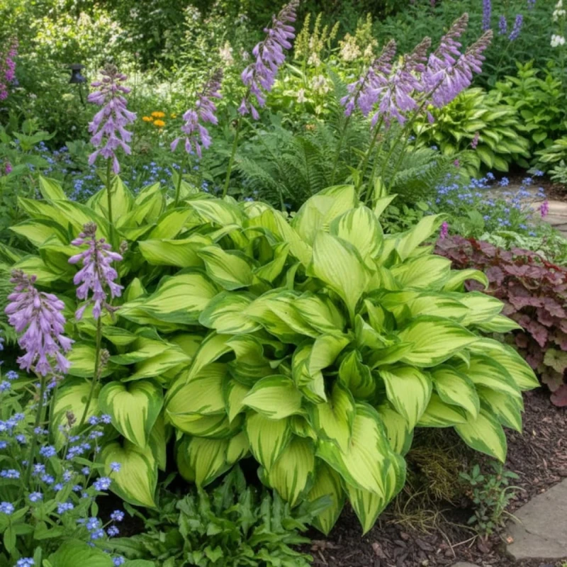 Funkia Albopicta kompozycja ogrodowa fioletowe kwiatostany Hosta na rabaty bylinowe pod drzewami roślina wieloletnia